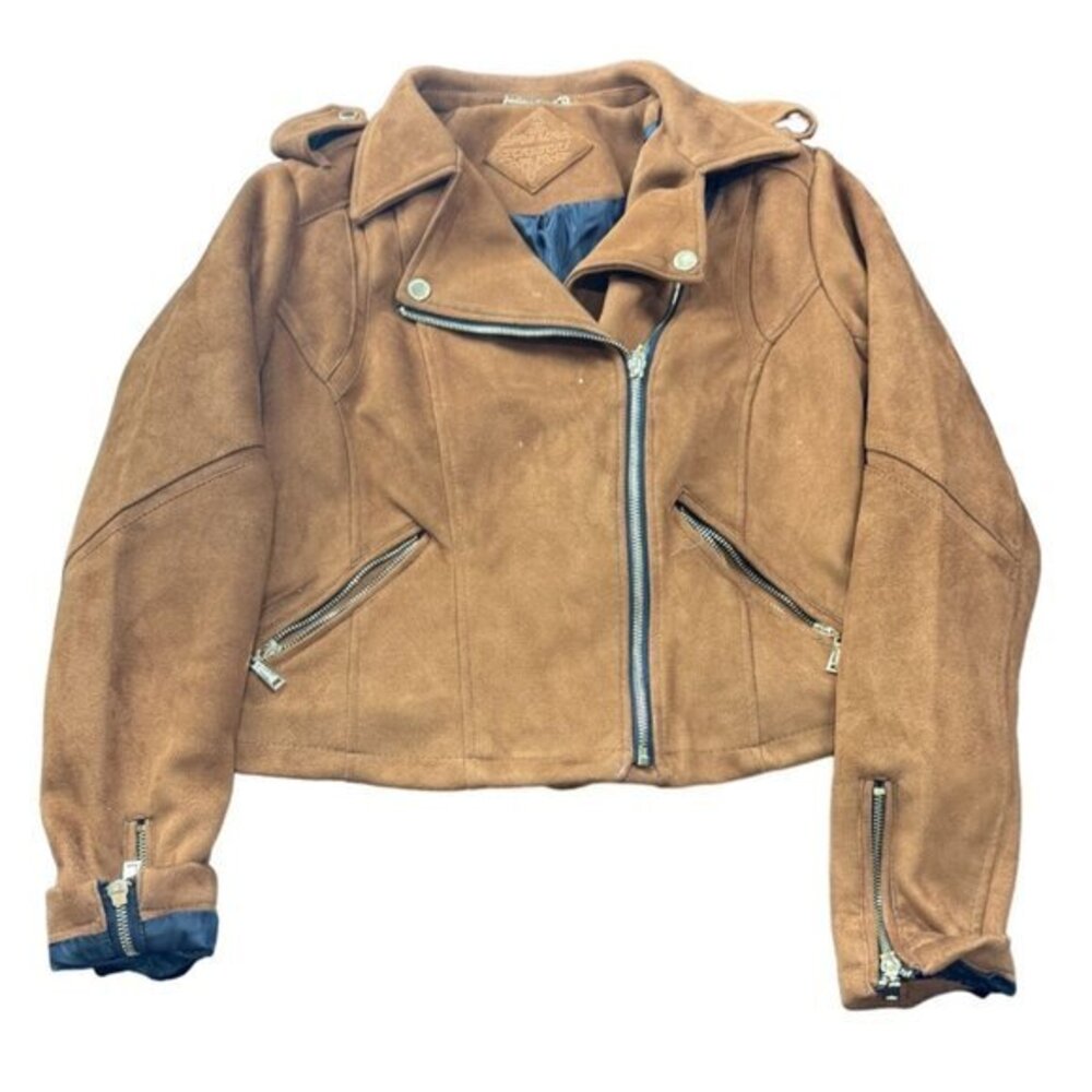 JOUJOU Brown Faux Suede Moto Jacket Zipper Detail‎ Cropped Style |F1